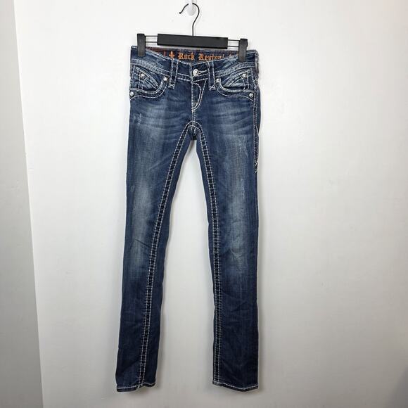Rock Revival Medium Wash Low Rise Morgan Straight Y2K Embellished Jeans Size 23 - Picture 1 of 9